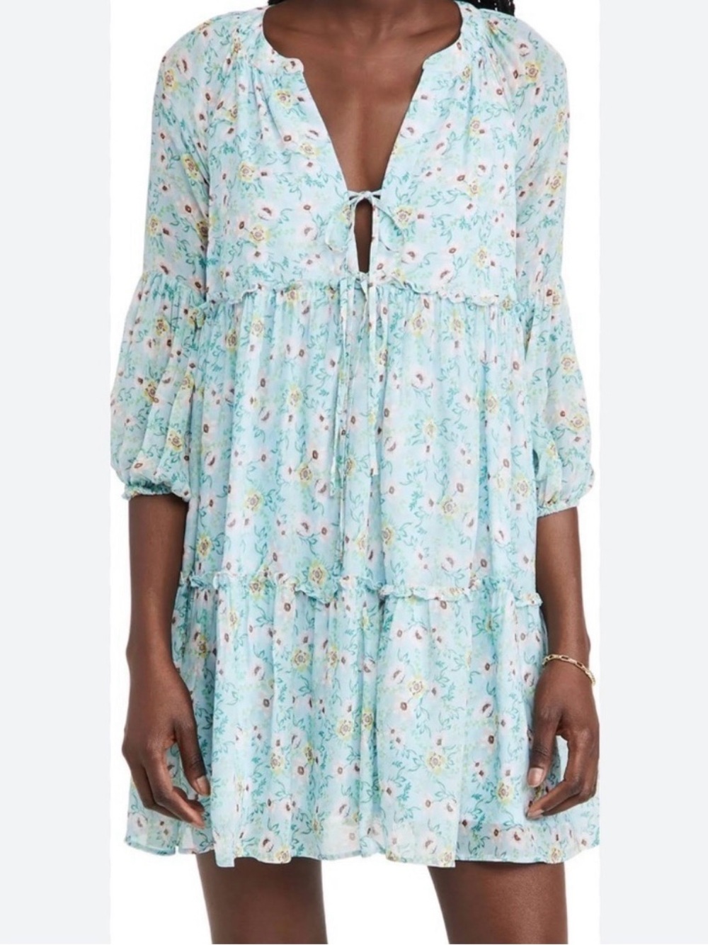 Yumi Kim Aqua Floral Tie-Front Tiered Mini Dress